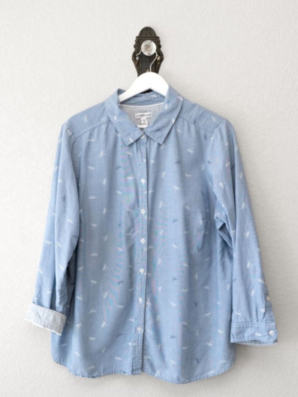 Croft & Barrow 1X Blue Button Up Shirt Dragonfly Embroidered Cotton Casual Top